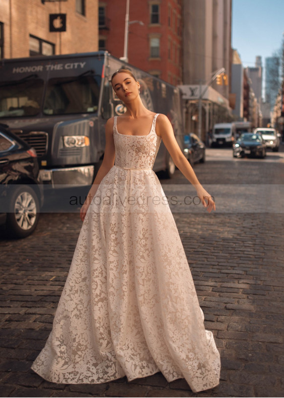 Square Neck Ivory All Over Lace Timeless Wedding Dress